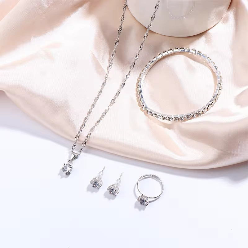 Luxury Women Ring Necklace Earrings Rhinestone Bracelet Female Casual Ladies Jewelry Set